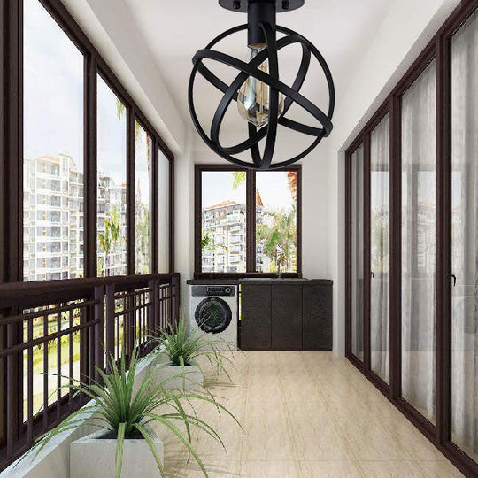 Retro Stylish Orb Cage Ceiling Pendant Light - Black Metallic Semi Flush Fixture with 1 Bulb for Balcony