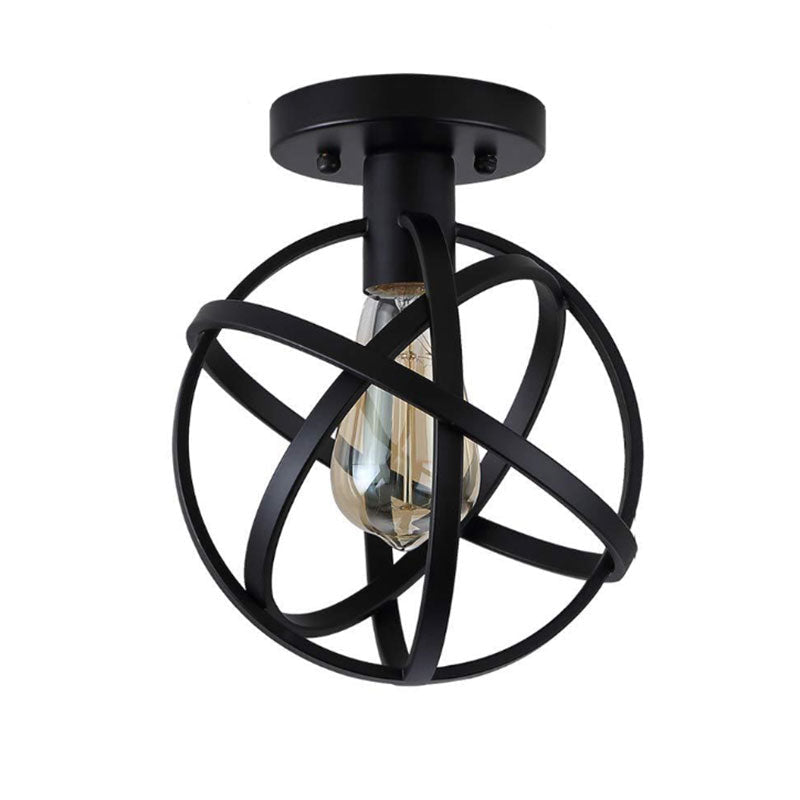 Retro Stylish Orb Cage Ceiling Pendant Light - Black Metallic Semi Flush Fixture with 1 Bulb for Balcony