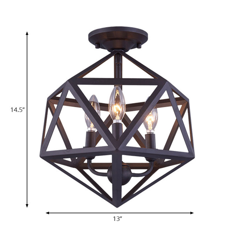 Prism Cage Metallic Semi Flush Light - Industrial Style 3 Bulb Ceiling Lamp, Bronze Finish