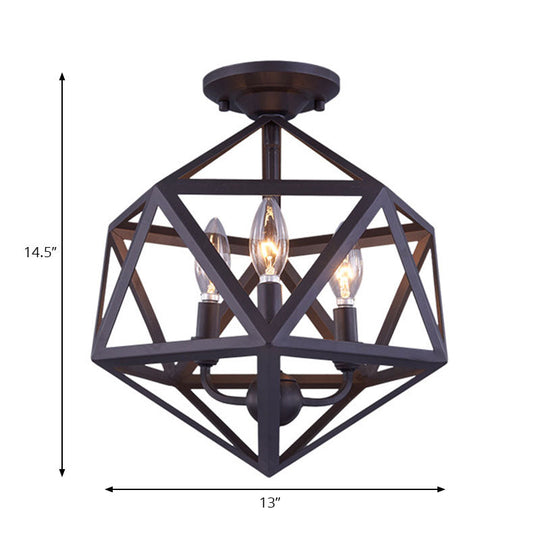 Prism Cage Metallic Semi Flush Light - Industrial Style 3 Bulb Ceiling Lamp Bronze Finish