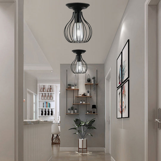 Industrial Stylish Black Iron Ceiling Lamp - Oval/Bell Cage Design, 1 Head Semi Flush Pendant Light for Corridor