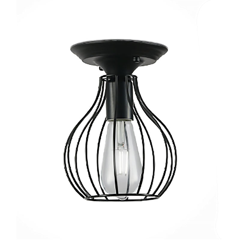 Industrial Stylish Black Iron Ceiling Lamp - Oval/Bell Cage Design, 1 Head Semi Flush Pendant Light for Corridor