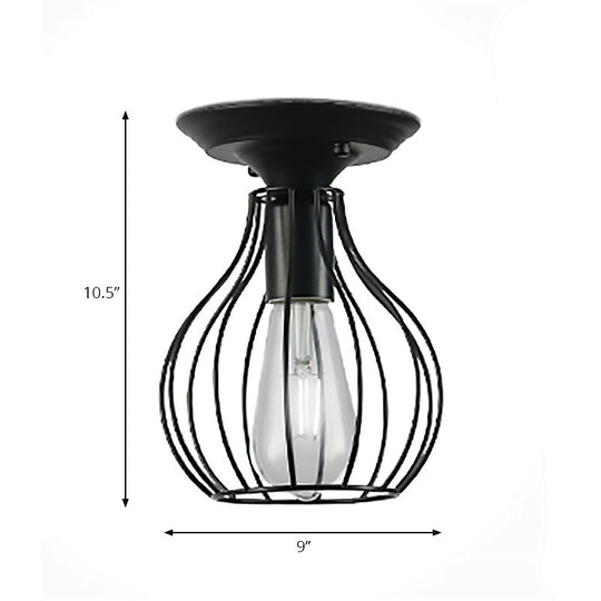 Industrial Stylish Black Iron Ceiling Lamp - Oval/Bell Cage Design, 1 Head Semi Flush Pendant Light for Corridor