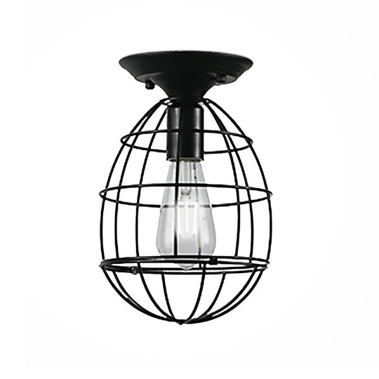 Industrial Stylish Black Iron Ceiling Lamp - Oval/Bell Cage Design, 1 Head Semi Flush Pendant Light for Corridor