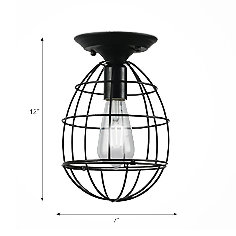 Industrial Stylish Black Iron Ceiling Lamp - Oval/Bell Cage Design, 1 Head Semi Flush Pendant Light for Corridor