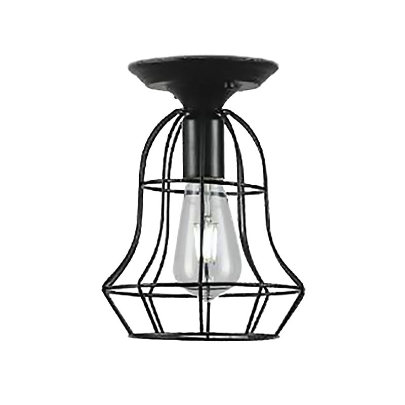 Industrial Stylish Black Iron Ceiling Lamp - Oval/Bell Cage Design, 1 Head Semi Flush Pendant Light for Corridor