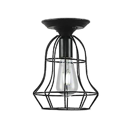 Industrial Stylish Black Iron Ceiling Lamp - Oval/Bell Cage Design, 1 Head Semi Flush Pendant Light for Corridor