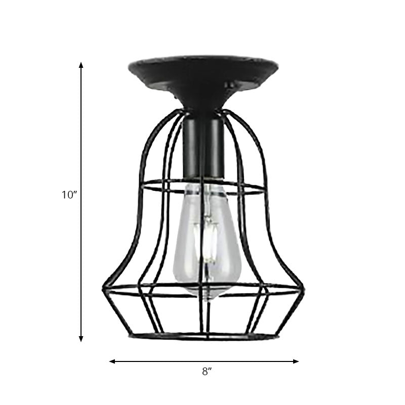 Industrial Stylish Black Iron Ceiling Lamp - Oval/Bell Cage Design, 1 Head Semi Flush Pendant Light for Corridor