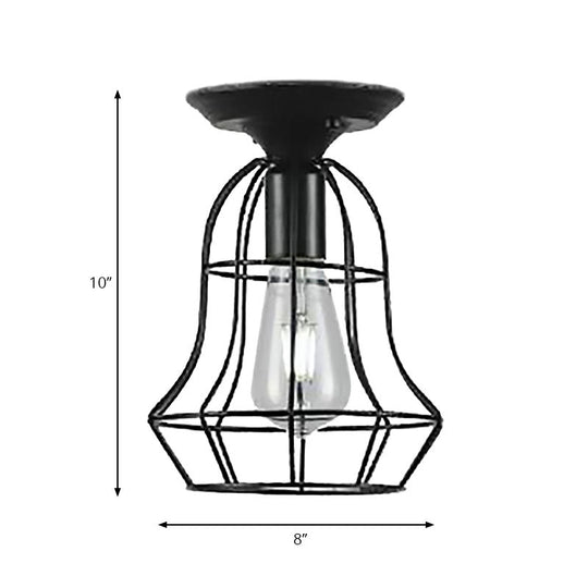 Industrial Stylish Black Iron Ceiling Lamp - Oval/Bell Cage Design 1 Head Semi Flush Pendant Light