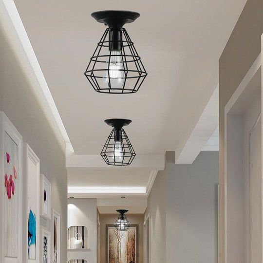 Industrial Stylish Black Iron Ceiling Lamp - Oval/Bell Cage Design, 1 Head Semi Flush Pendant Light for Corridor