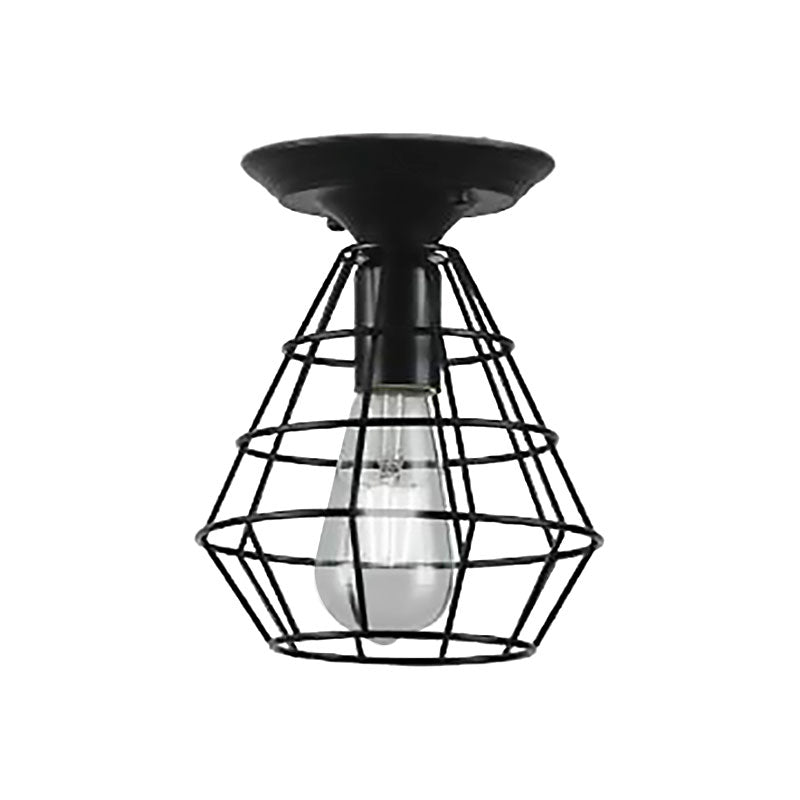 Industrial Stylish Black Iron Ceiling Lamp - Oval/Bell Cage Design, 1 Head Semi Flush Pendant Light for Corridor