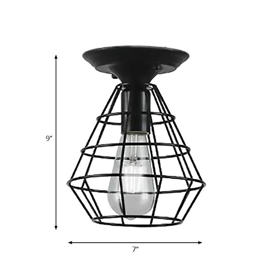 Industrial Stylish Black Iron Ceiling Lamp - Oval/Bell Cage Design, 1 Head Semi Flush Pendant Light for Corridor