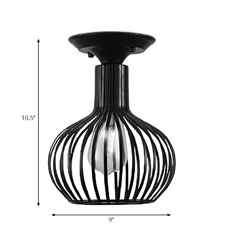 Retro Loft Globe/Pear Cage Ceiling Fixture - Metallic Semi-Flush Mount Light in Black for Hallway