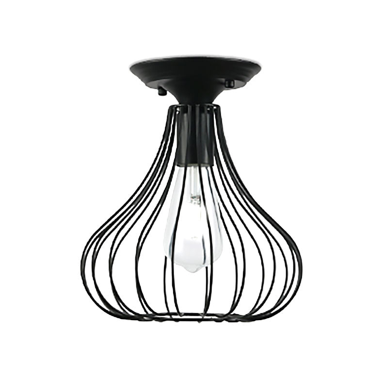 Retro Loft Globe/Pear Cage Ceiling Fixture - Metallic Semi-Flush Mount Light in Black for Hallway