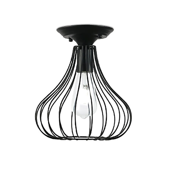 Retro Loft Globe/Pear Cage Ceiling Fixture - Metallic Semi-Flush Mount Light in Black for Hallway