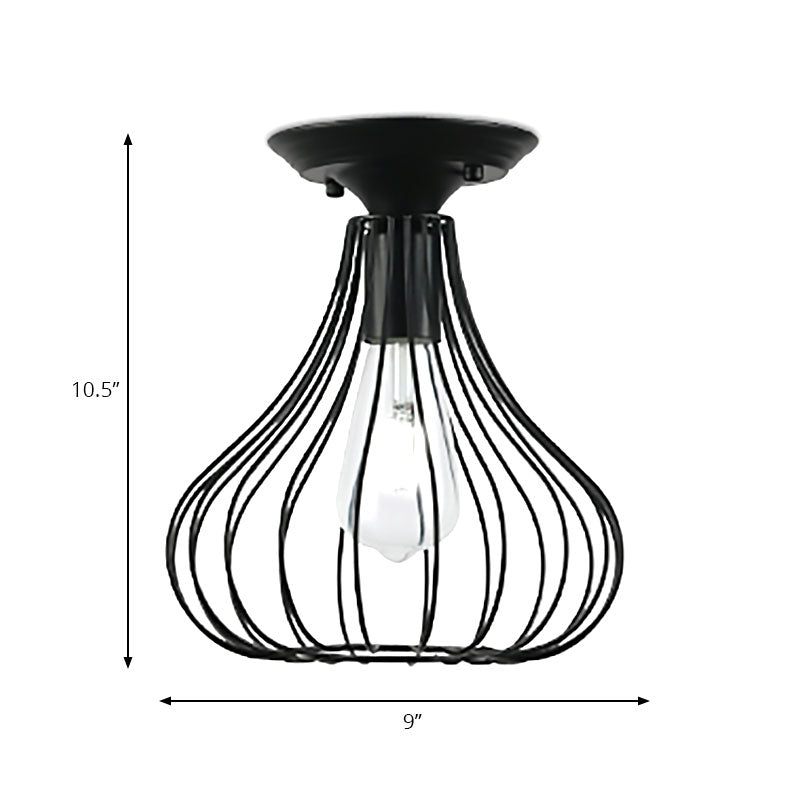 Retro Loft Globe/Pear Cage Ceiling Fixture - Metallic Semi-Flush Mount Light in Black for Hallway