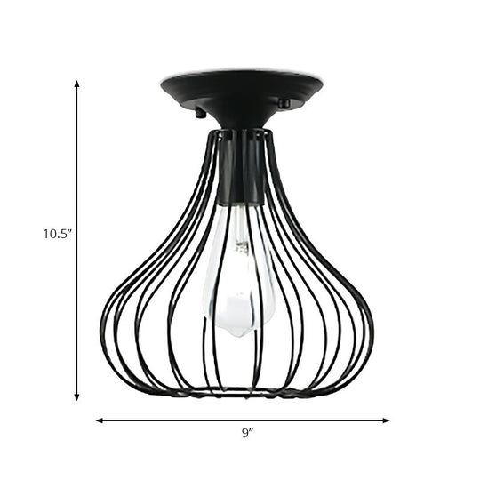 Retro Loft Globe/Pear Cage Ceiling Fixture - Metallic Semi-Flush Mount Light in Black for Hallway