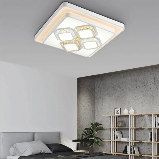 White Crystal Led Flush Mount Lamp For Living Room Square/Rectangular Design