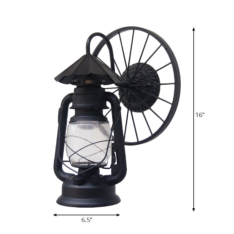 Antique Stylish Black/Bronze Finish Lantern Wall Sconce Light Wrought Iron Mounted Lamp With Wheel