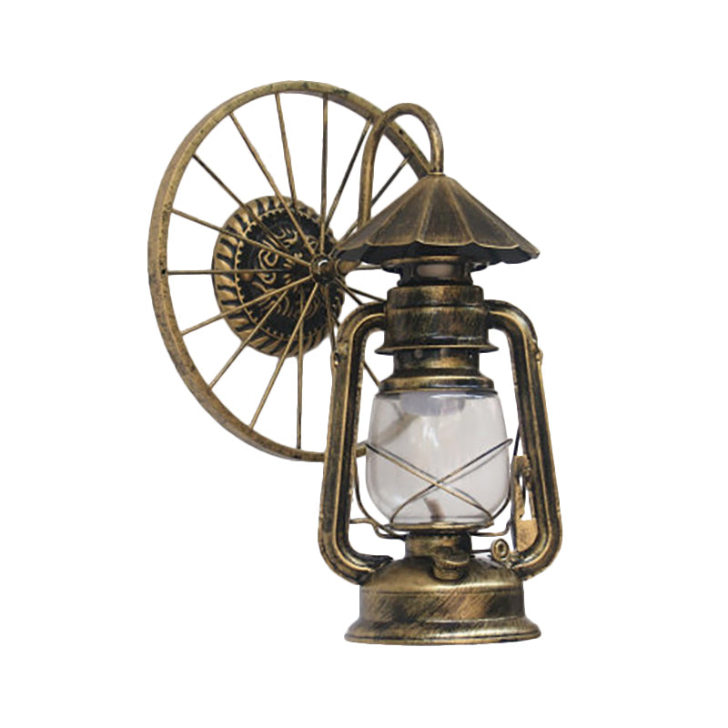 Antique Stylish Black/Bronze Finish Lantern Wall Sconce Light Wrought Iron Mounted Lamp With Wheel