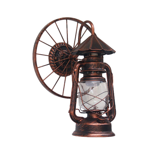 Antique Stylish Black/Bronze Finish Lantern Wall Sconce Light Wrought Iron Mounted Lamp With Wheel