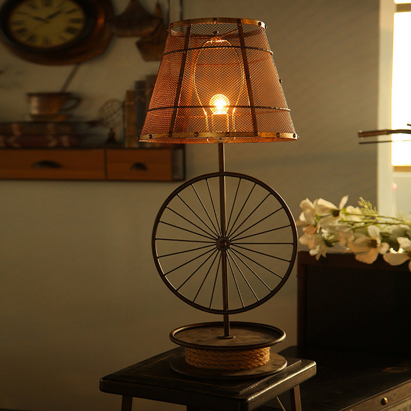 Lodge Cone Shade Table Lamp - Stylish Mesh Design 1 Bulb Iron Desk Light With Wheel Deco In Bronze