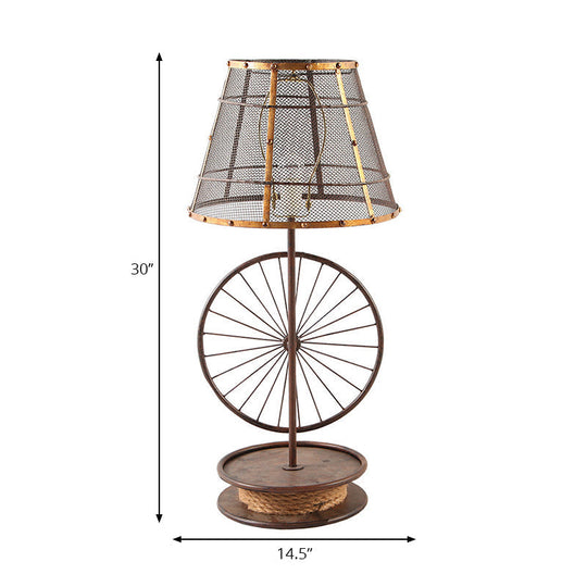 Lodge Cone Shade Table Lamp - Stylish Mesh Design 1 Bulb Iron Desk Light With Wheel Deco In Bronze