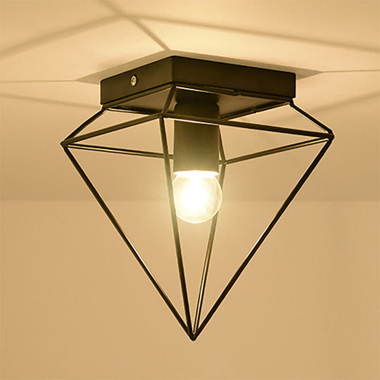 Stylish 1-Light Diamond Cage Flush Mount Ceiling Light - Black/White Metallic Ceiling Lamp for Study Room