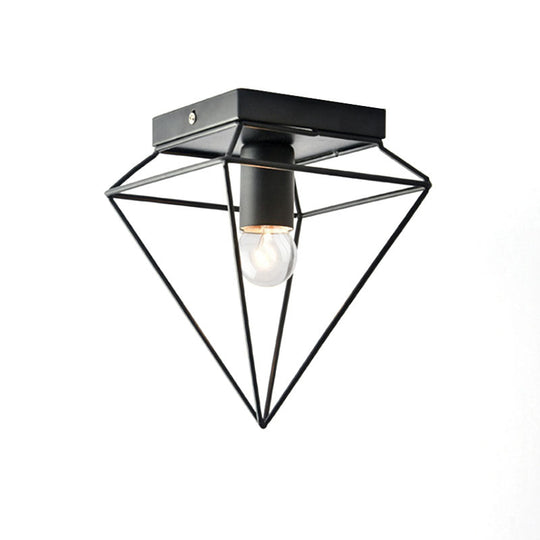 Stylish 1-Light Diamond Cage Flush Mount Ceiling Light - Black/White Metallic Ceiling Lamp for Study Room