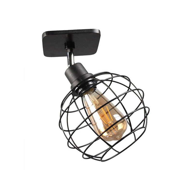 Black Metal Rotatable Ceiling Light Fixture For Restaurant - Industrial Semi Flush Mount Cage Design