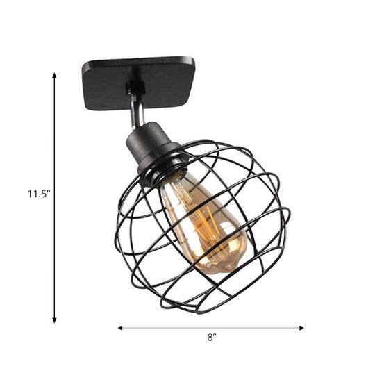 Black Metal Rotatable Ceiling Light Fixture for Restaurant - Industrial Semi Flush Mount Cage Design with 1/2/3 Heads