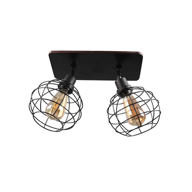 Black Metal Rotatable Ceiling Light Fixture for Restaurant - Industrial Semi Flush Mount Cage Design with 1/2/3 Heads