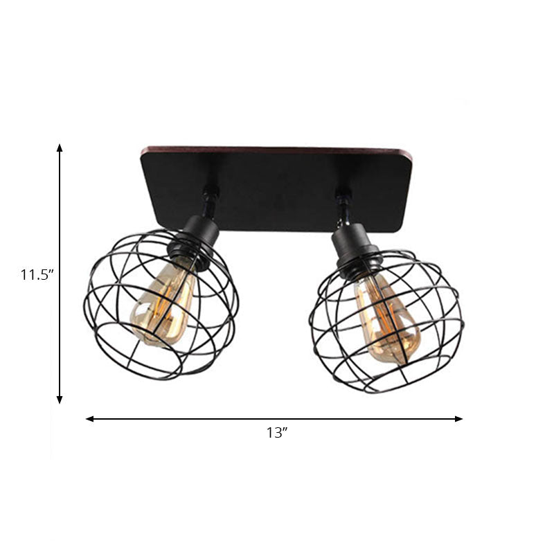 Black Metal Rotatable Ceiling Light Fixture For Restaurant - Industrial Semi Flush Mount Cage Design