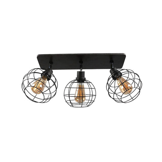 Black Metal Rotatable Ceiling Light Fixture for Restaurant - Industrial Semi Flush Mount Cage Design with 1/2/3 Heads