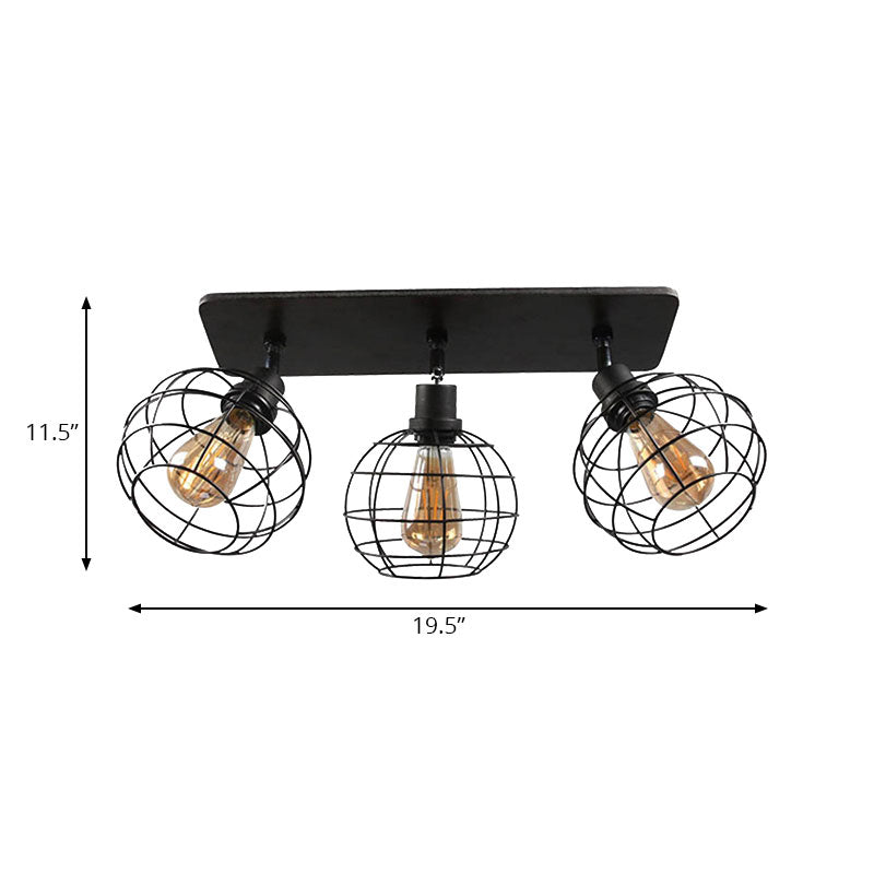 Black Metal Rotatable Ceiling Light Fixture for Restaurant - Industrial Semi Flush Mount Cage Design with 1/2/3 Heads