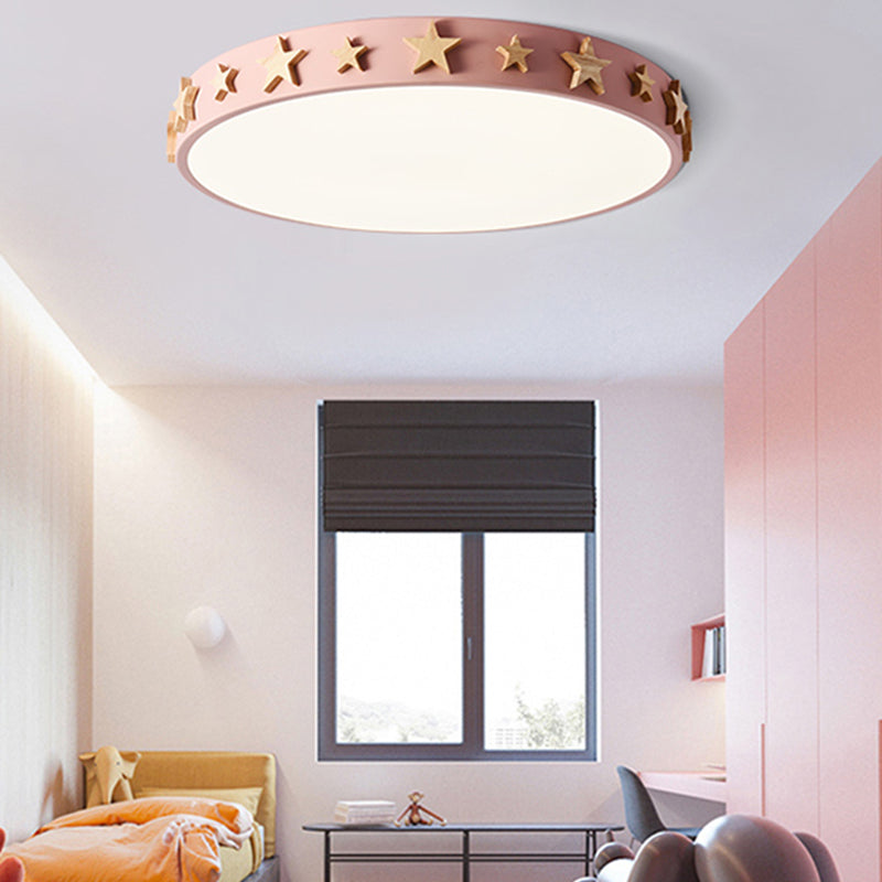 Contemporary Drum Flush Mount Light with Star Decoration - Ideal for Kids' Bedroom