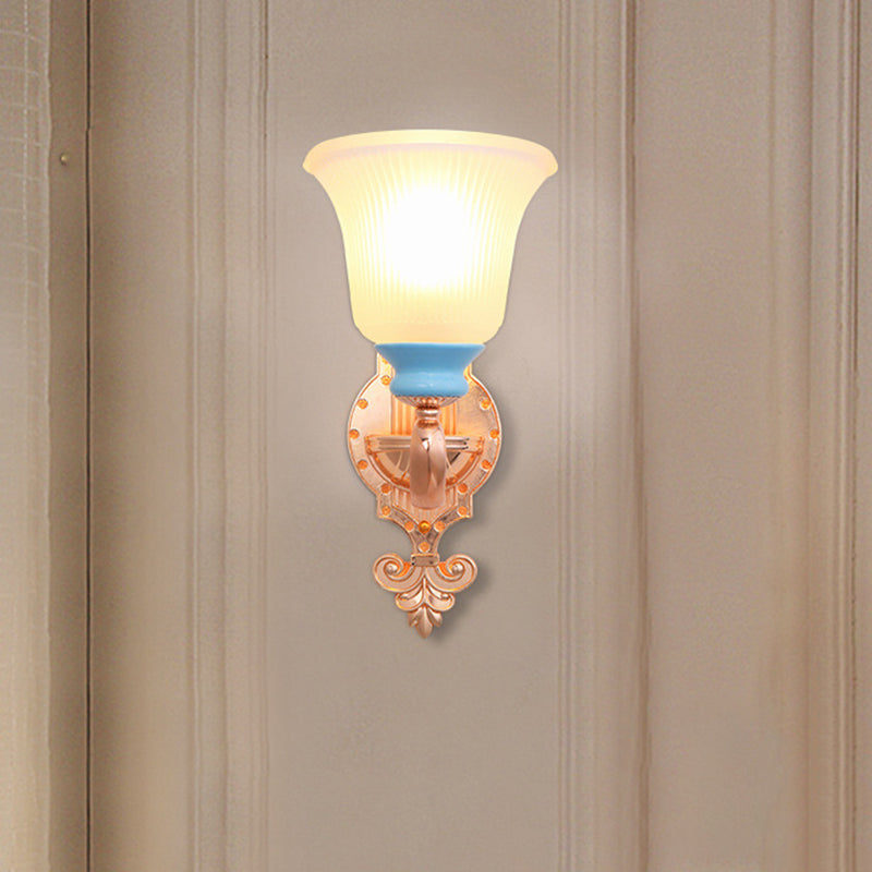 Vintage Swirled Arm Wall Light - Gold Metal Mounted Lighting With Frosted Ribbed Glass Shade 1 /