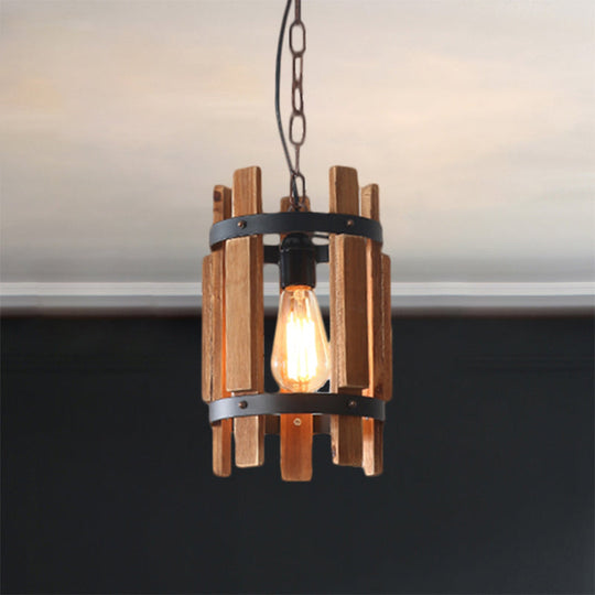 Rustic Pendant Lamp With Wooden Frame And Metallic Finish - Single Bulb Suspended Parlor Light In