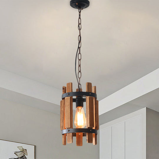 Rustic Pendant Lamp With Wooden Frame And Metallic Finish - Single Bulb Suspended Parlor Light In