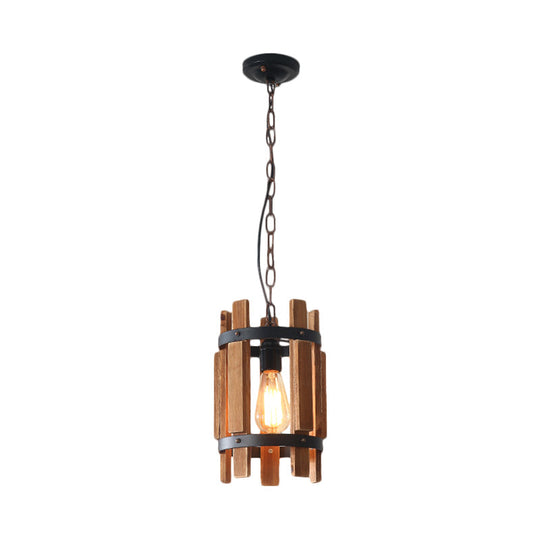 Rustic Round Metallic Pendant Lamp with Wooden Frame - Wood/White