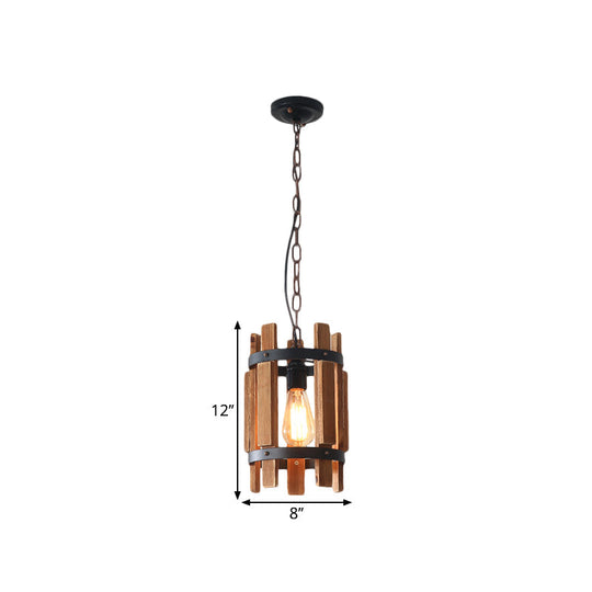 Rustic Pendant Lamp With Wooden Frame And Metallic Finish - Single Bulb Suspended Parlor Light In