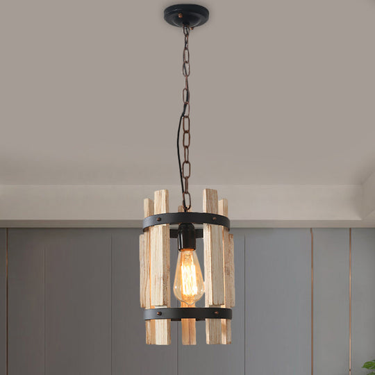 Rustic Pendant Lamp With Wooden Frame And Metallic Finish - Single Bulb Suspended Parlor Light In