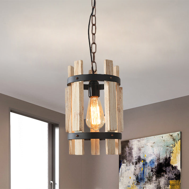 Rustic Pendant Lamp With Wooden Frame And Metallic Finish - Single Bulb Suspended Parlor Light In