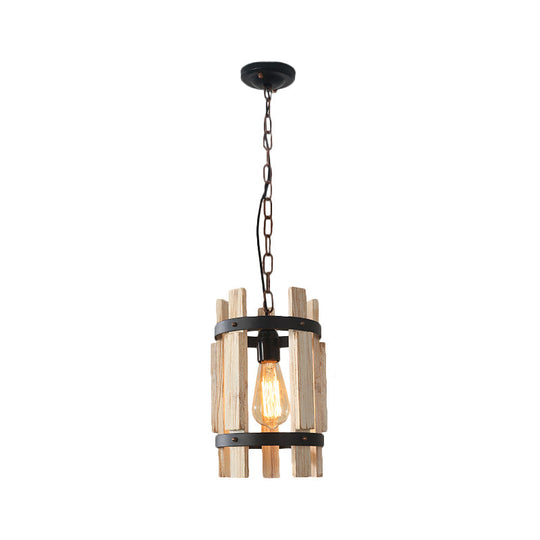 Rustic Round Metallic Pendant Lamp with Wooden Frame - Wood/White