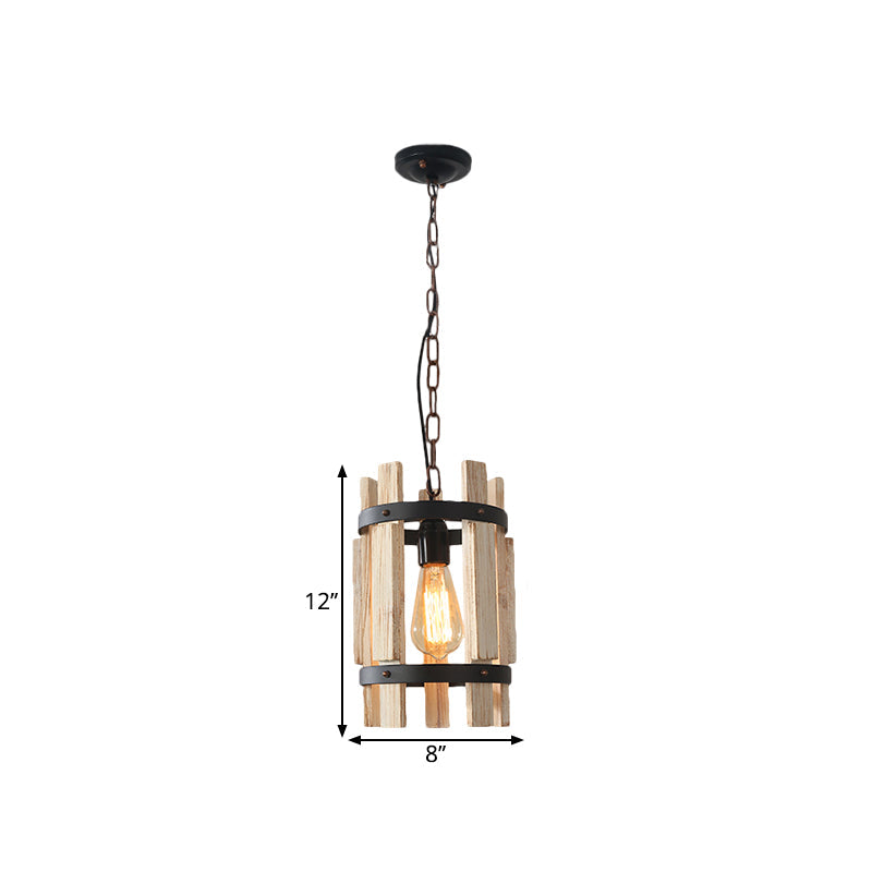 Rustic Pendant Lamp With Wooden Frame And Metallic Finish - Single Bulb Suspended Parlor Light In