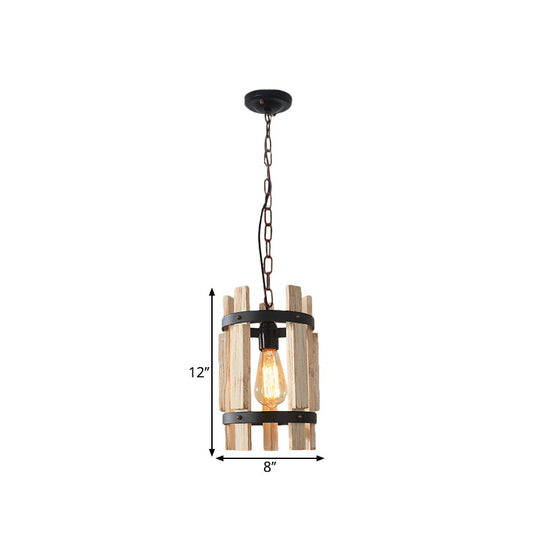 Rustic Pendant Lamp With Wooden Frame And Metallic Finish - Single Bulb Suspended Parlor Light In