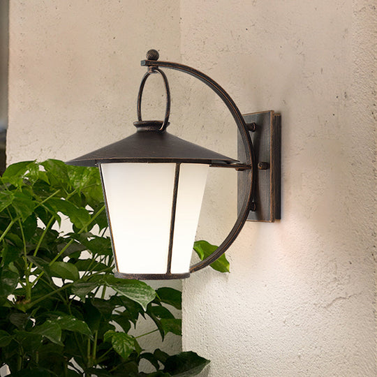 Vintage Conical Opal Glass Wall Mount Light - 1-Head Courtyard Lighting With Arc Arm Black/Brass