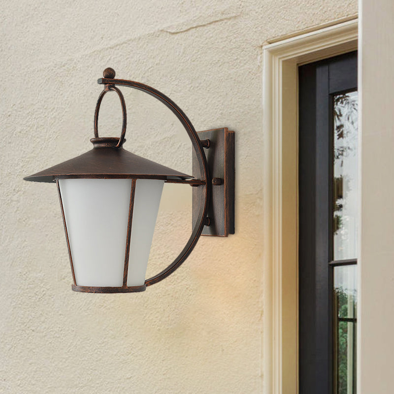 Vintage Conical Opal Glass Wall Mount Light - 1-Head Courtyard Lighting With Arc Arm Black/Brass