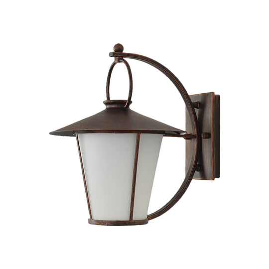 Vintage Conical Opal Glass Wall Mount Light - 1-Head Courtyard Lighting With Arc Arm Black/Brass