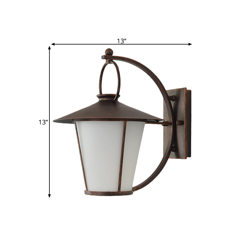 Vintage Conical Opal Glass Wall Mount Light - 1-Head Courtyard Lighting With Arc Arm Black/Brass